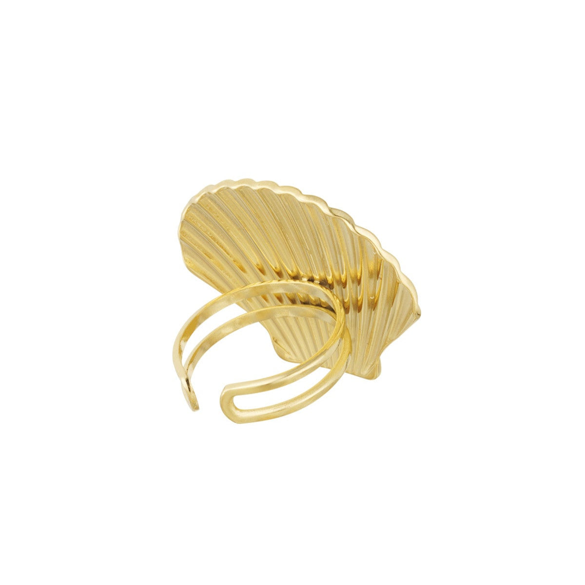 Gold ring with a feather design on a white background