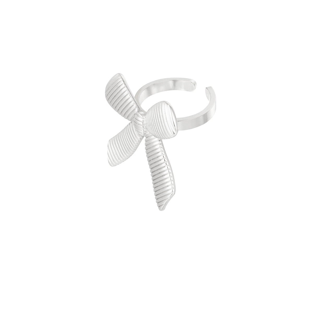 Silver bow-shaped ring on a white background