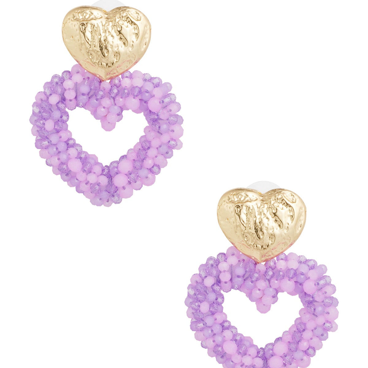 Pair of purple heart-shaped earrings with gold tops on a white background