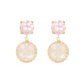 Pair of earrings with pink and beige stones on a white background