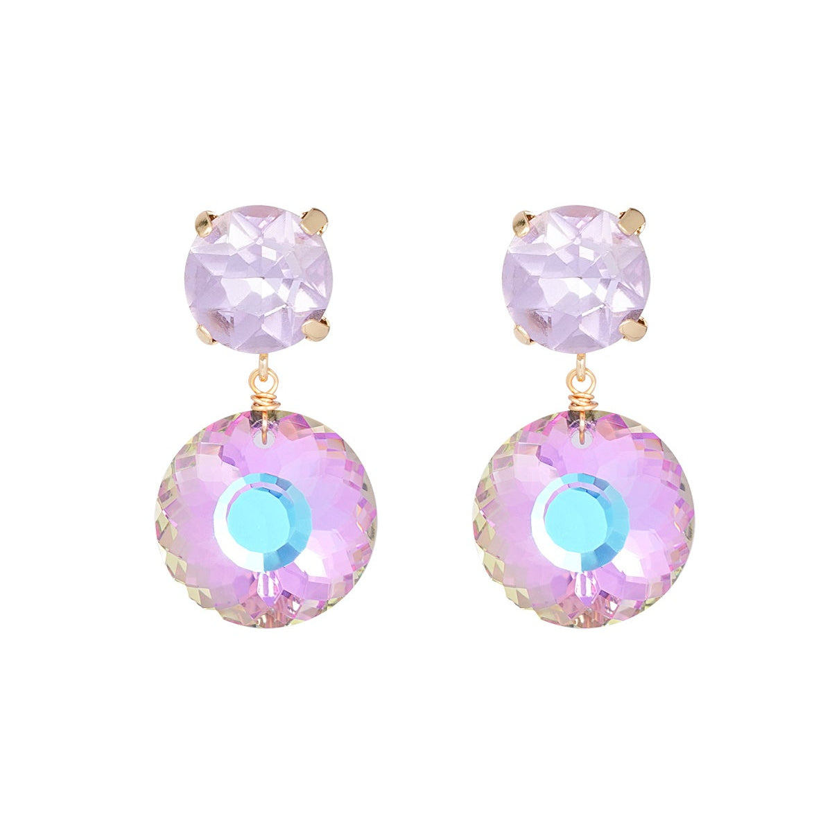 Pair of earrings with pink and purple gemstones on a white background