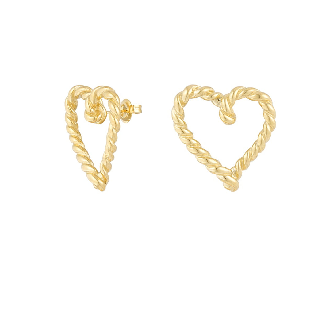 Gold heart-shaped earrings on a white background