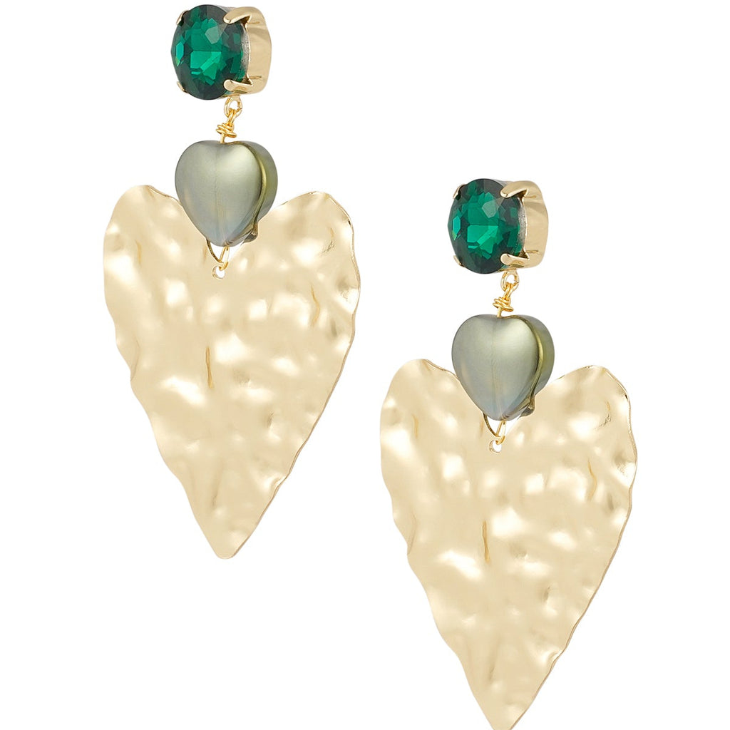 Heart-shaped earrings with green gemstones on a white background