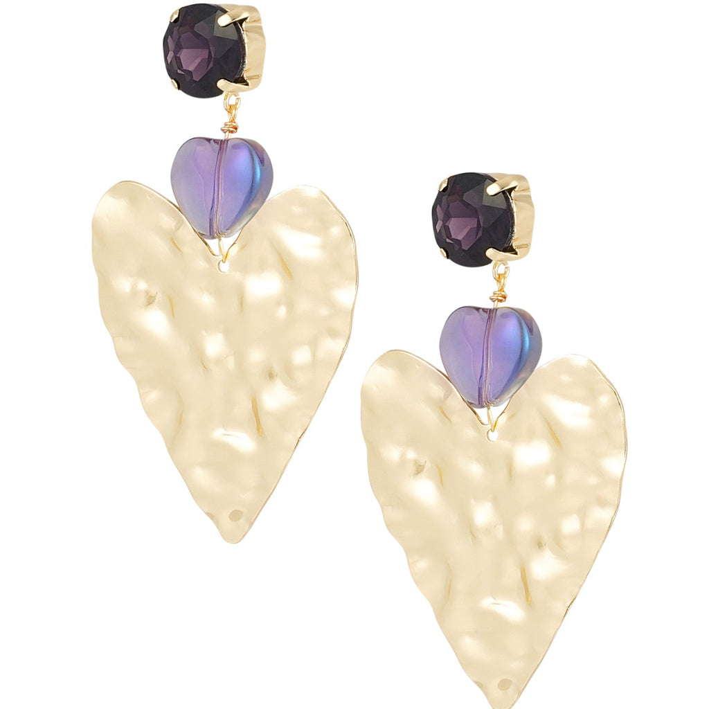 Heart-shaped earrings with purple gemstones on a white background