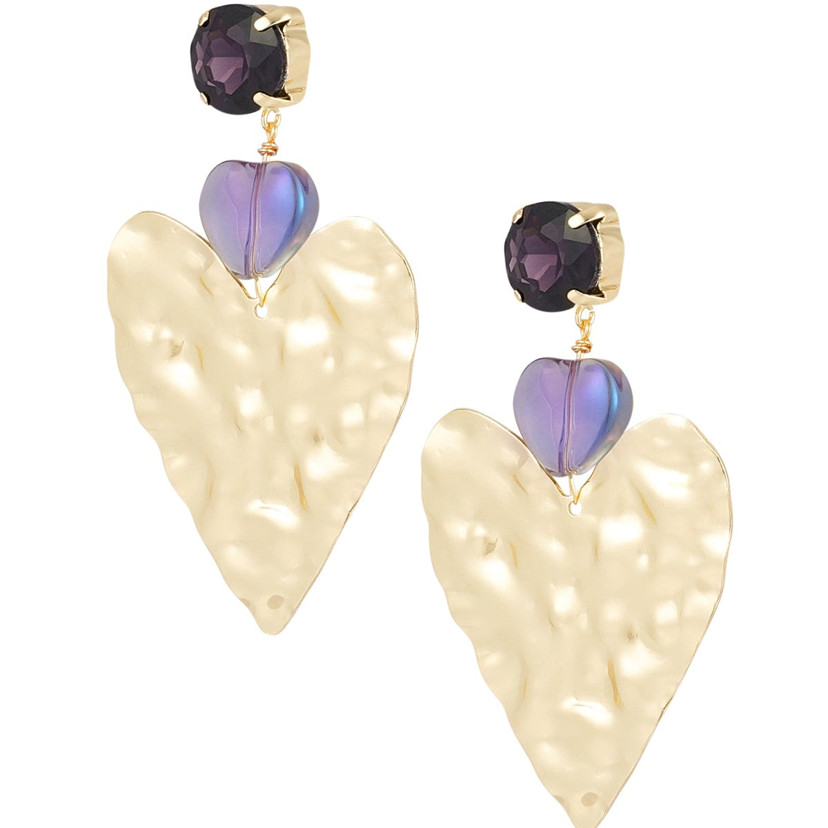 Heart-shaped earrings with purple gemstones on a white background