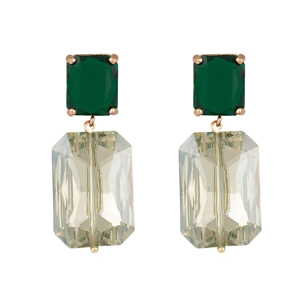 Pair of earrings with green topaz and clear rectangular stones on a white background