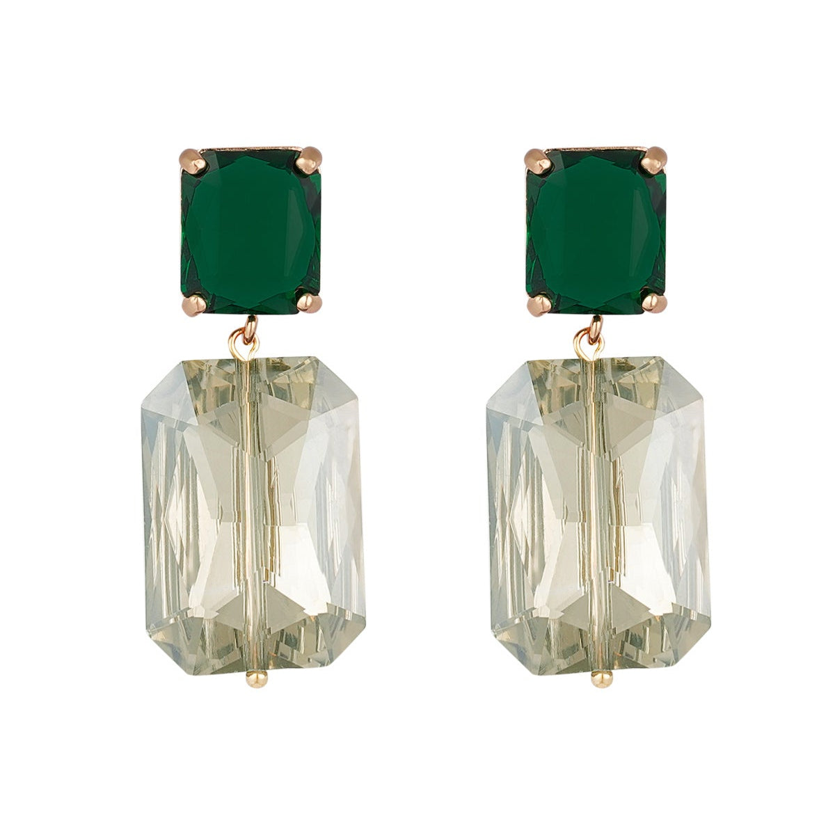 Pair of earrings with green topaz and clear rectangular stones on a white background