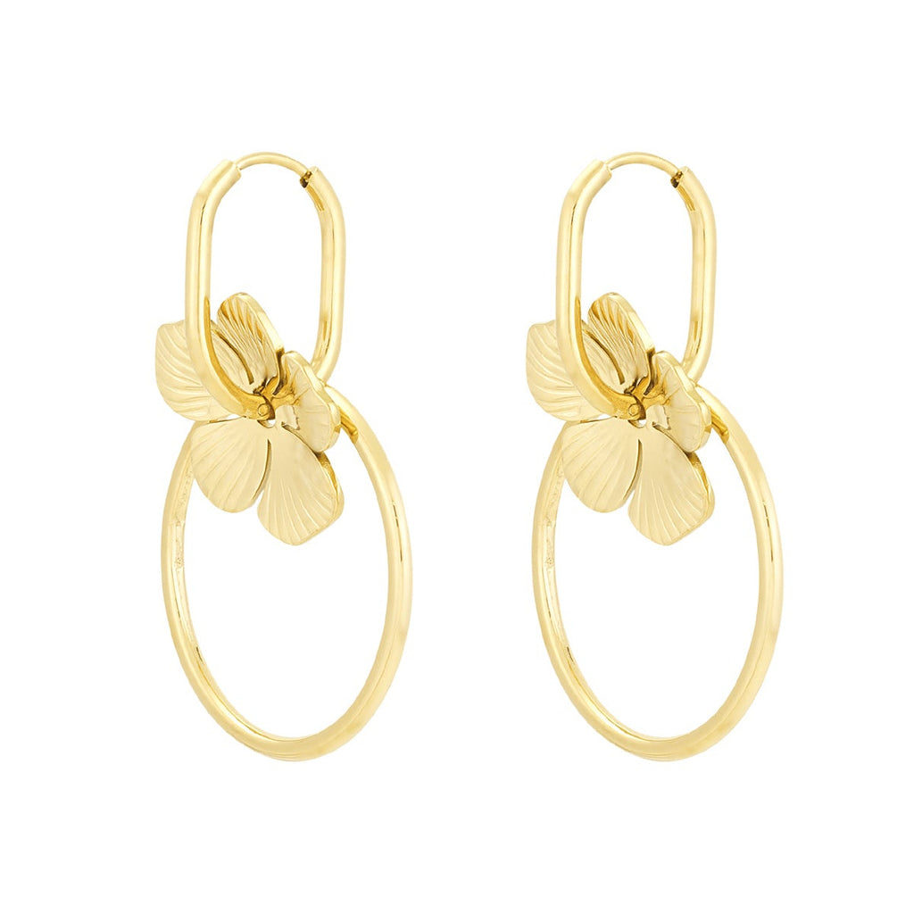 Gold earrings with circular designs on a white background