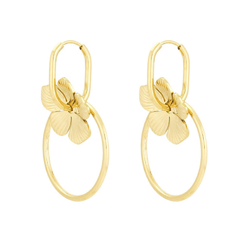 Gold earrings with circular designs on a white background