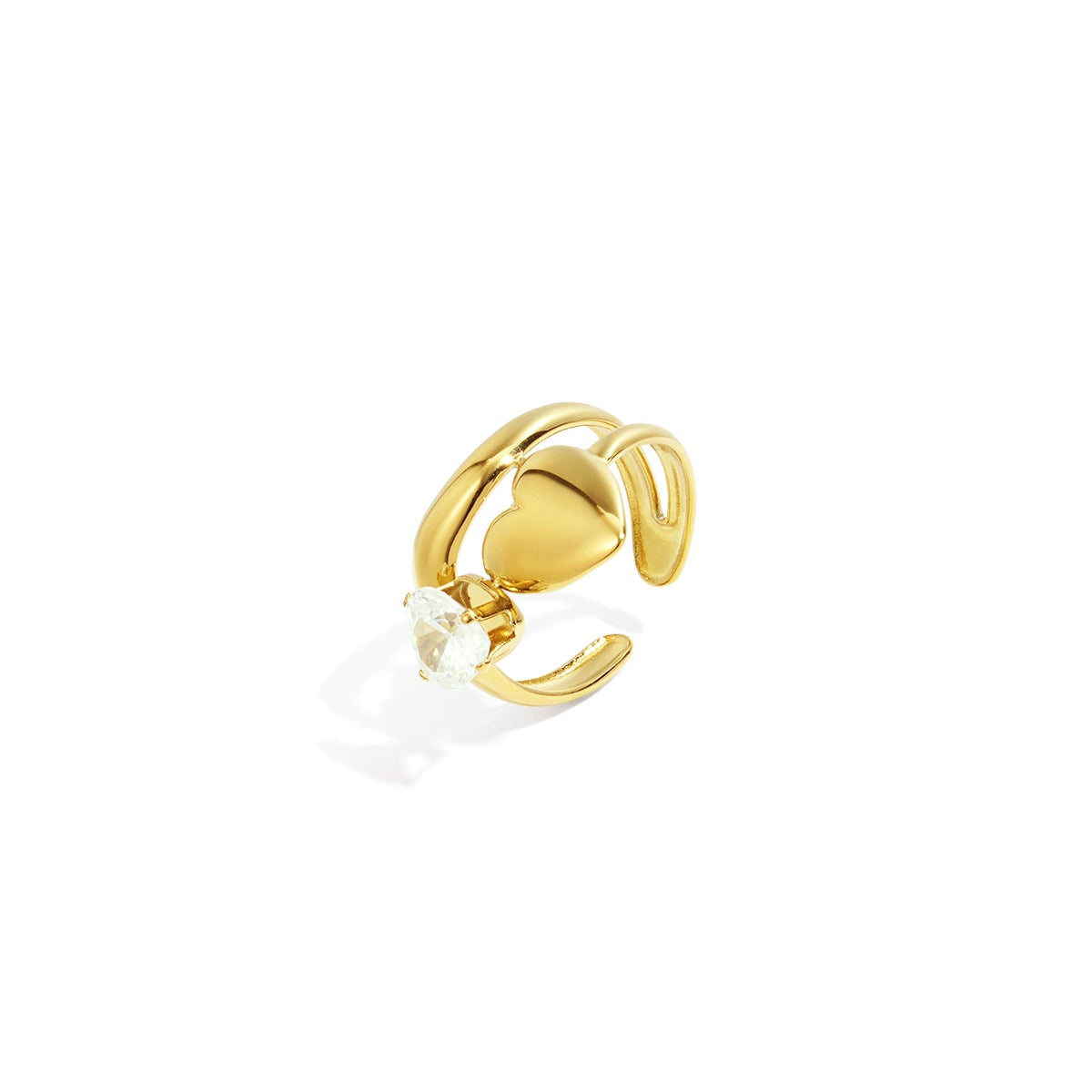 Gold earring with a heart design on a white background