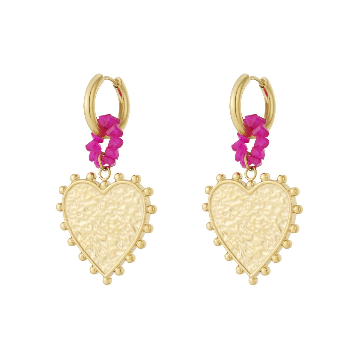 Gold heart-shaped earrings with pink floral elements on a white background