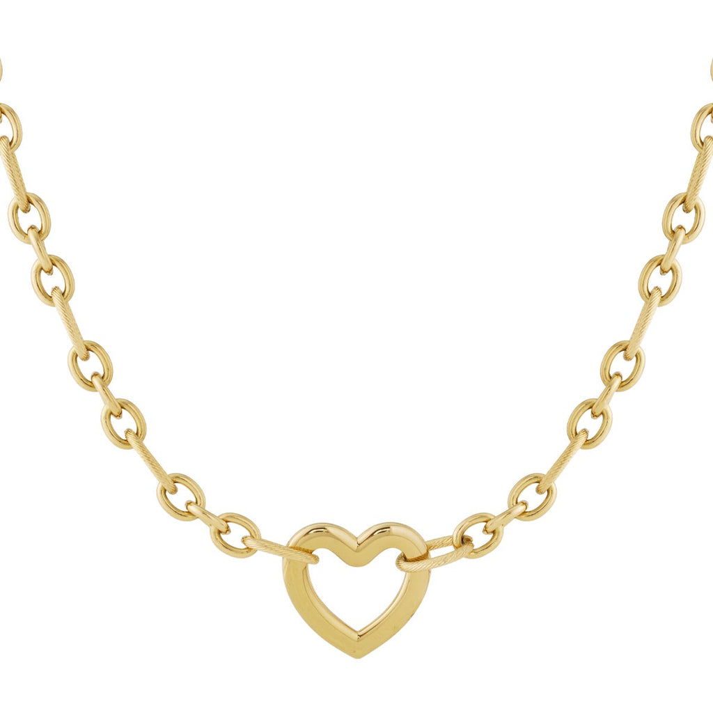 Gold necklace with a heart-shaped pendant on a white background