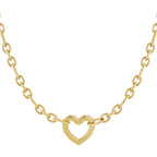 Gold necklace with a heart-shaped pendant on a white background