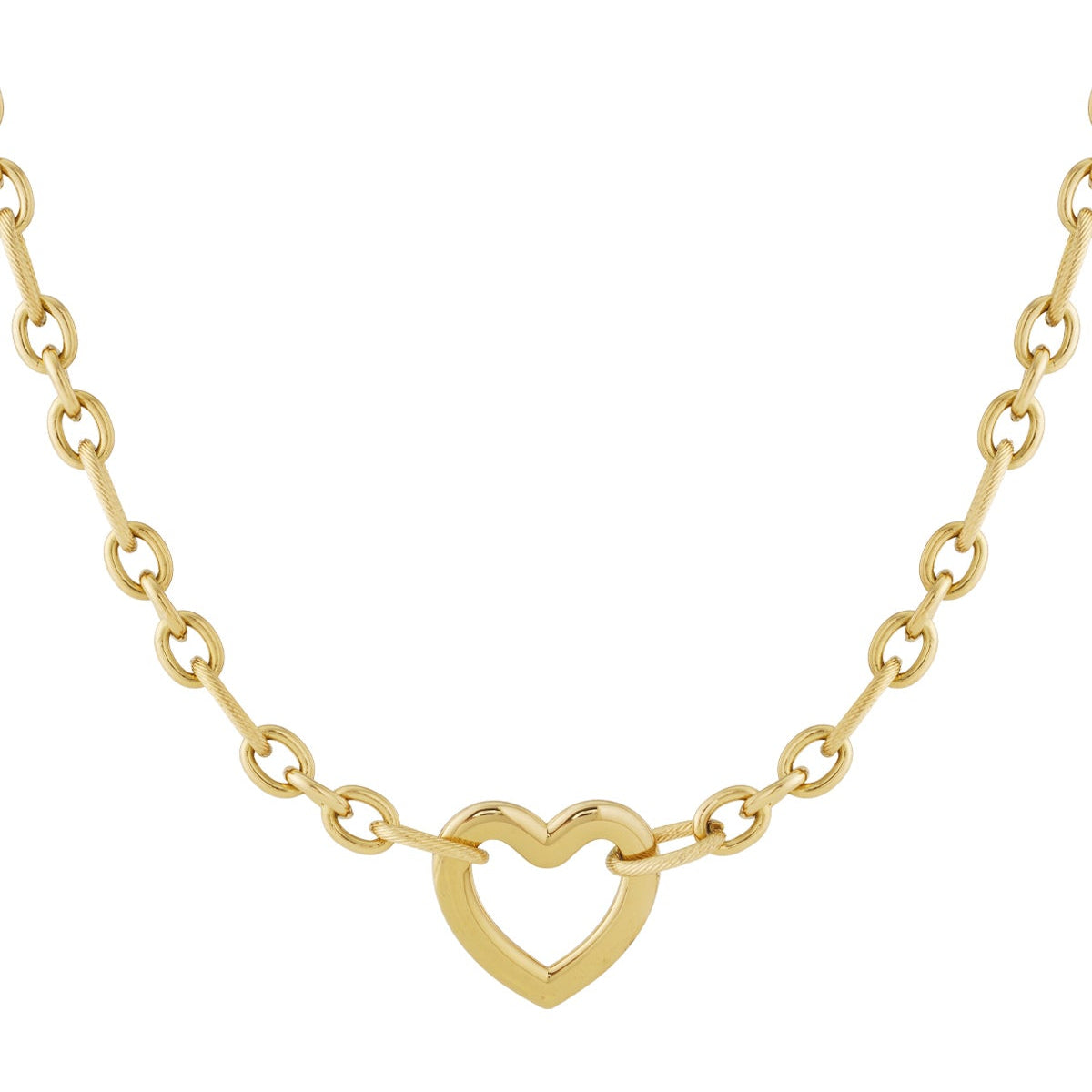 Gold necklace with a heart-shaped pendant on a white background