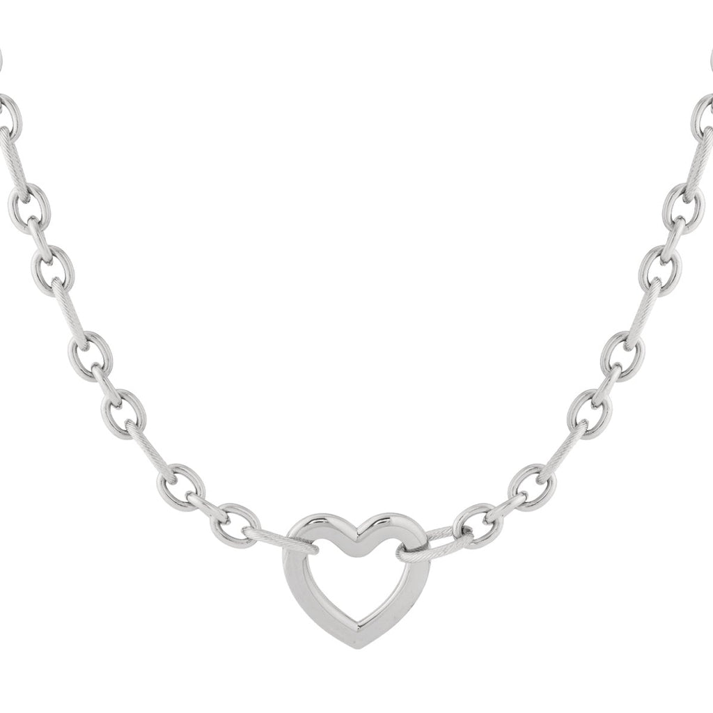 Silver necklace with a heart-shaped pendant on a white background