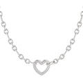 Silver necklace with a heart-shaped pendant on a white background