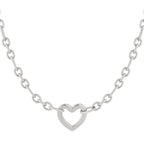 Silver necklace with a heart-shaped pendant on a white background
