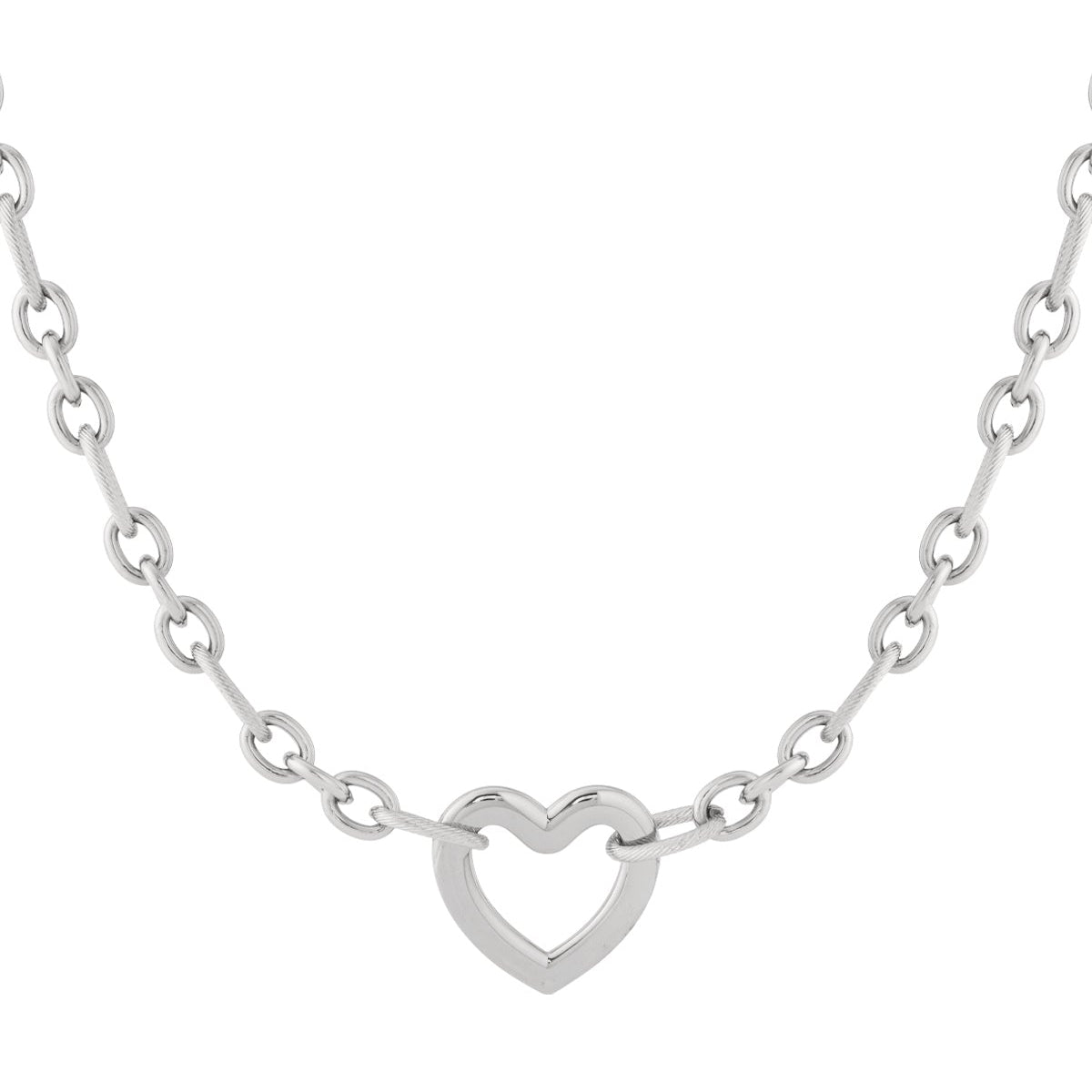 Silver necklace with a heart-shaped pendant on a white background