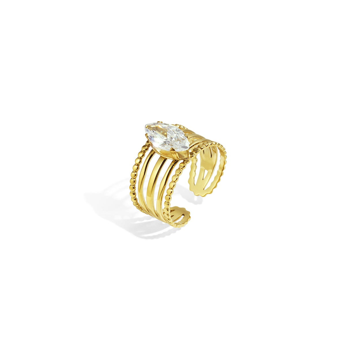 Gold open ring with clear gemstones on a white background