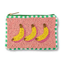 Pouch with beaded design featuring three bananas on a pink background