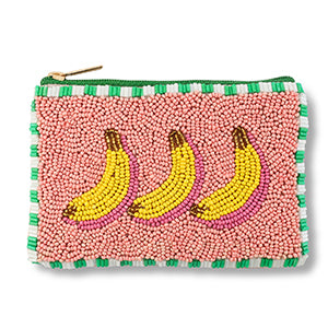 Pouch with beaded design featuring three bananas on a pink background