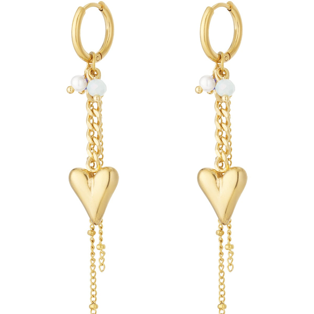 Gold heart-shaped earrings with chain details on a white background